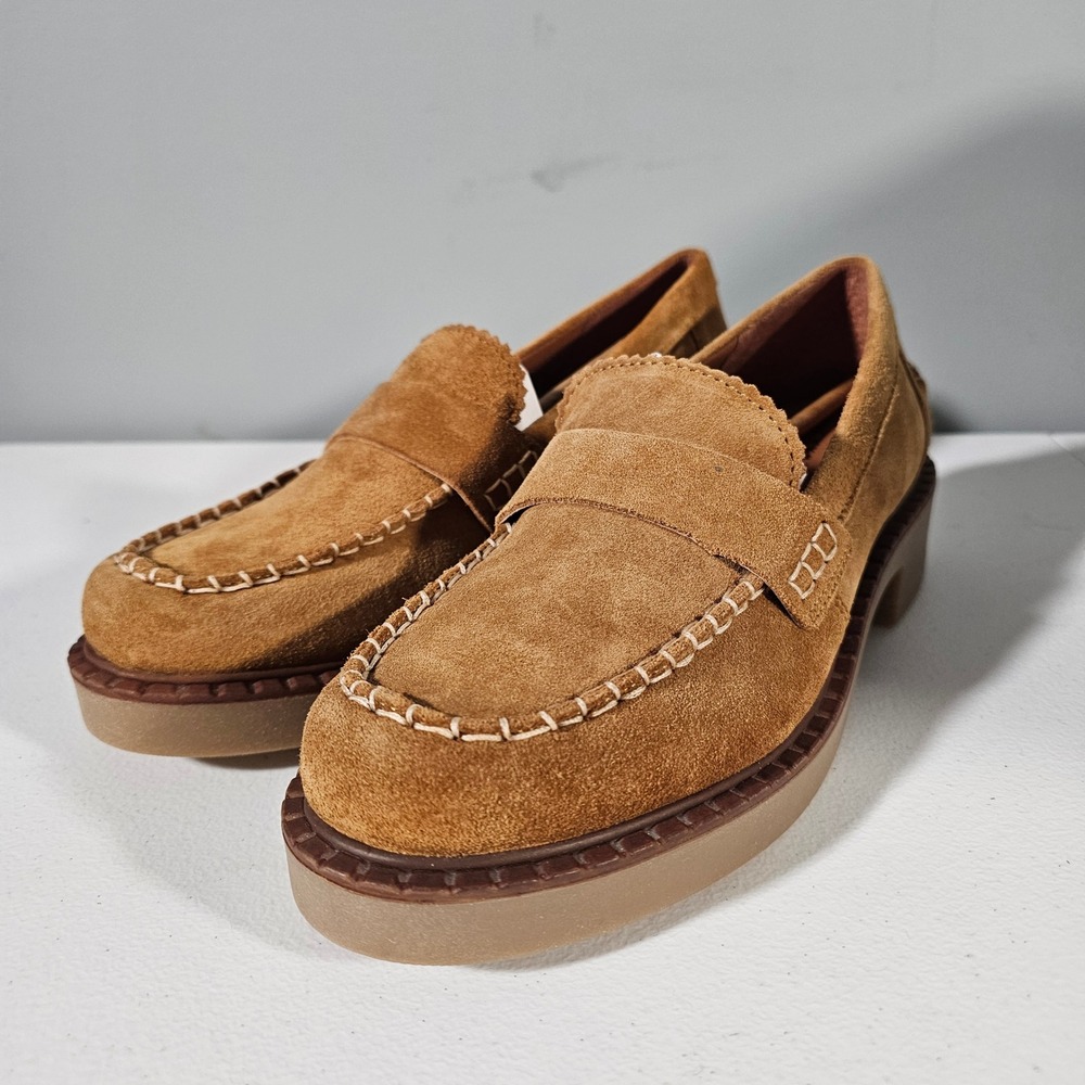 Lucky Brand Loafers Womens 9 Tan Suede Platform Whipstitch Penny Loafer Shoes